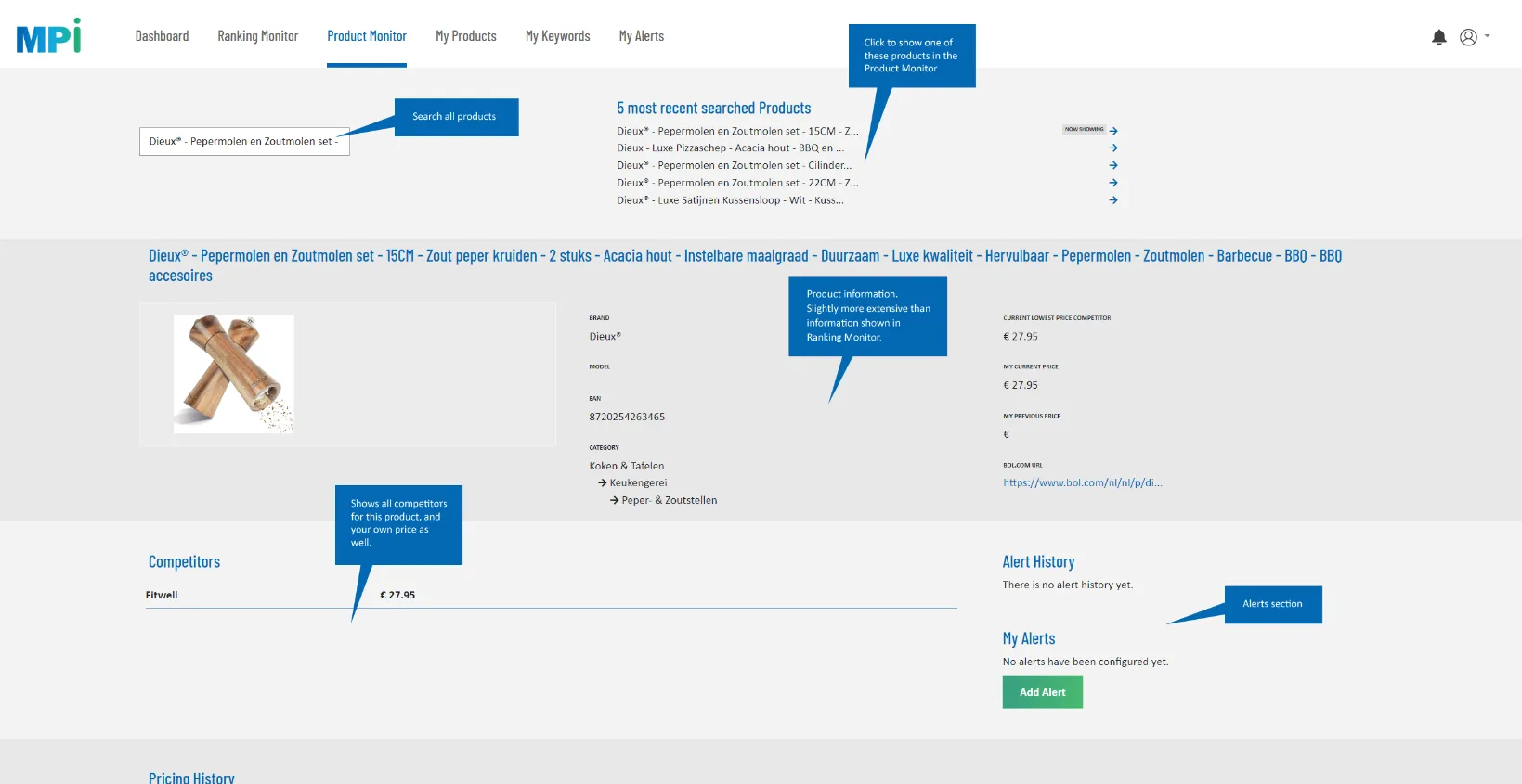 Marketplace concurrentieanalyse dashboard met aanbieders, merken, assortimenten, productintroducties en marktontwikkelingen